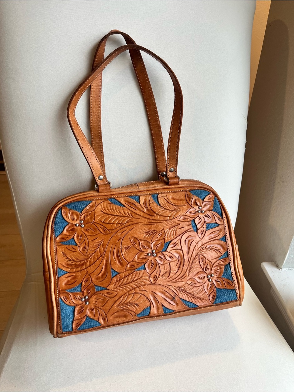 American West Hand-Tooled Floral Shoulder Bag in Tan and Blue